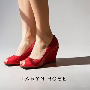 Taryn Rose Candy Apple Red Patent Leather Peep Toe Wedges